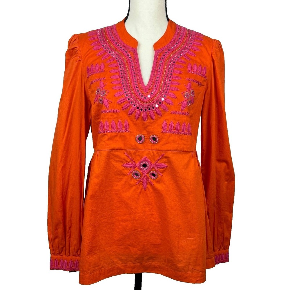 Tory Burch Tunic Top Womens 8 Orange Pink Embroidered Mirror Embellished Boho